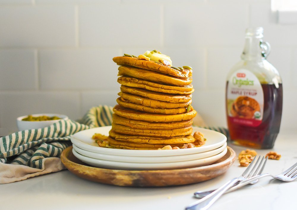 protein pumpkin pancakes with maple syrup.