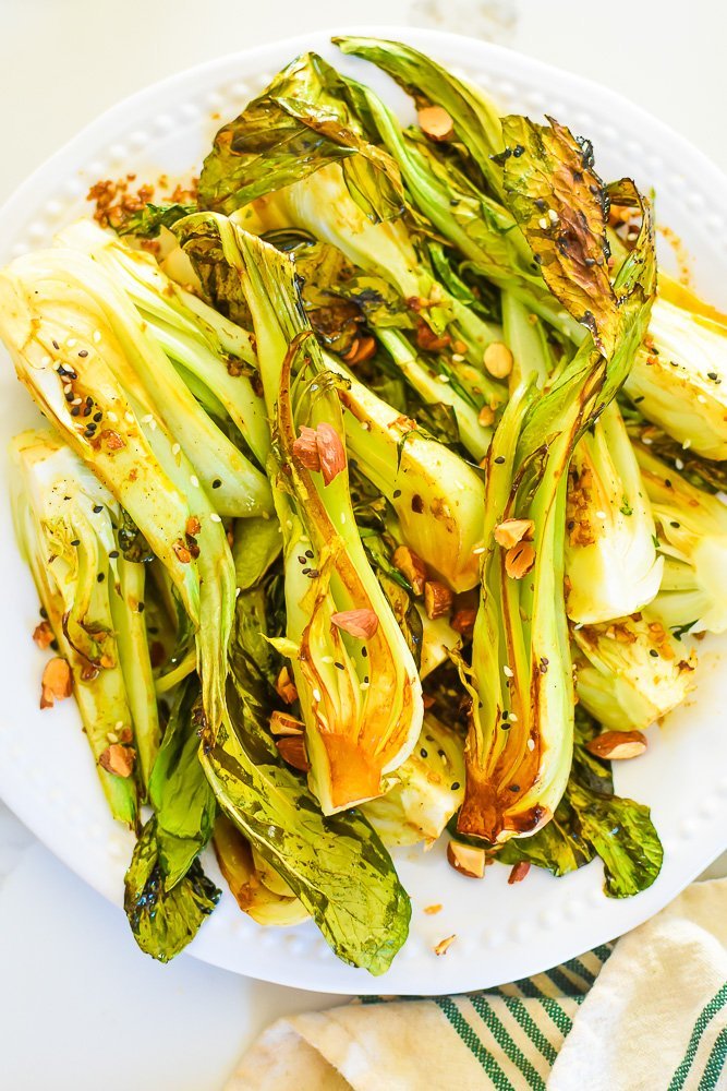 platter of roasted baby bok choy.