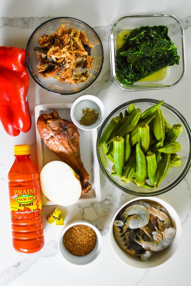ingredients for Naija style okro soup on white granite counter top.
