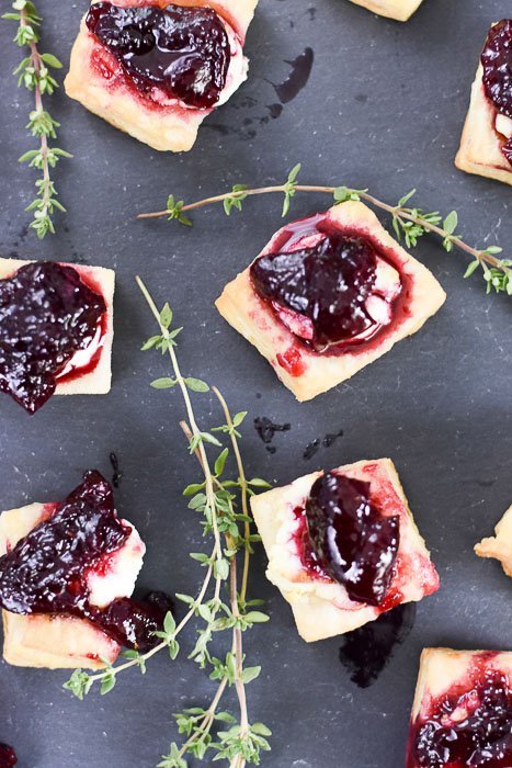 bite size baked puff pastry topped with cherry herb compote and warm goat cheese.