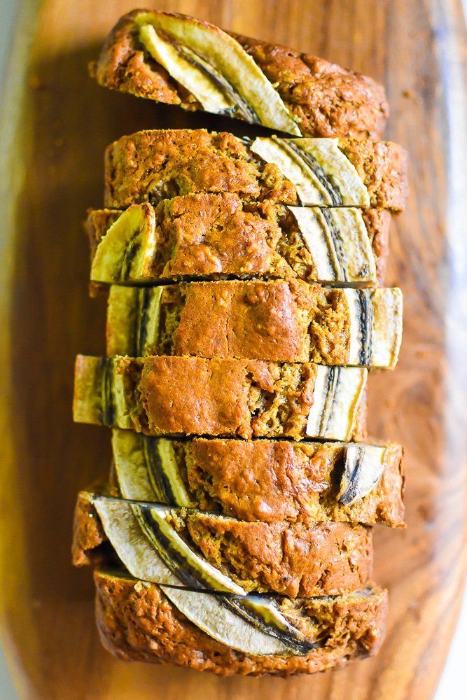 loaf of chai spiced banana nut bread cut into eight slices.