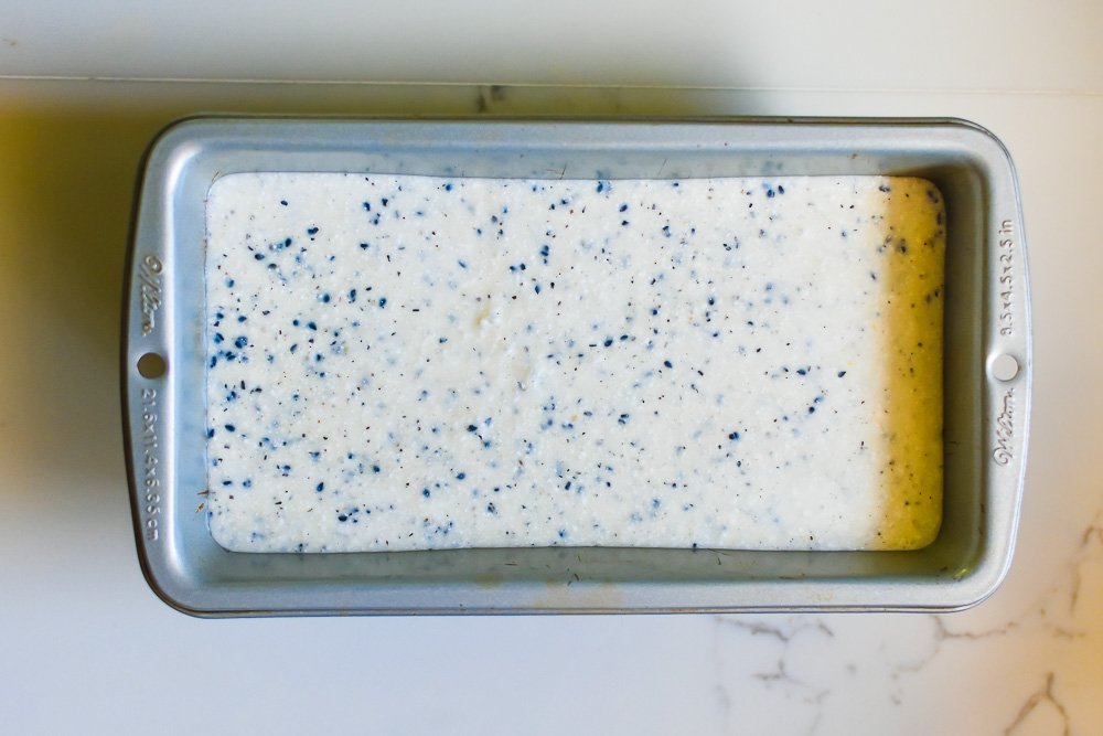no-churn black sesame ice cream mixture in loaf pan.