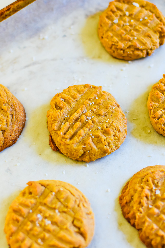 Chai spiced peanut butter cookies topped with kosher salt on cookie sheet.