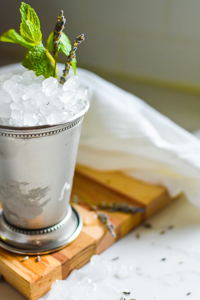 lavender julep in a frosted silver cup piled high with cobbled ice.