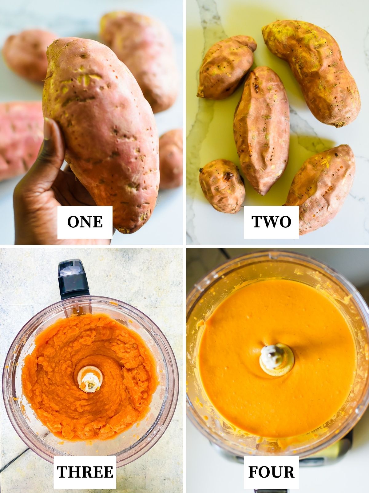step-by-step process of roasting sweet potatoes and making sweet potato pie filling.
