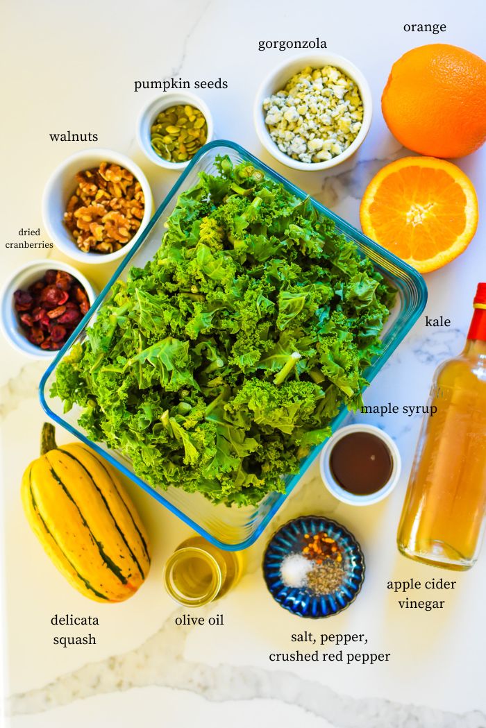 ingredients to make massaged kale salad with autumn ingredients on granite counter top.