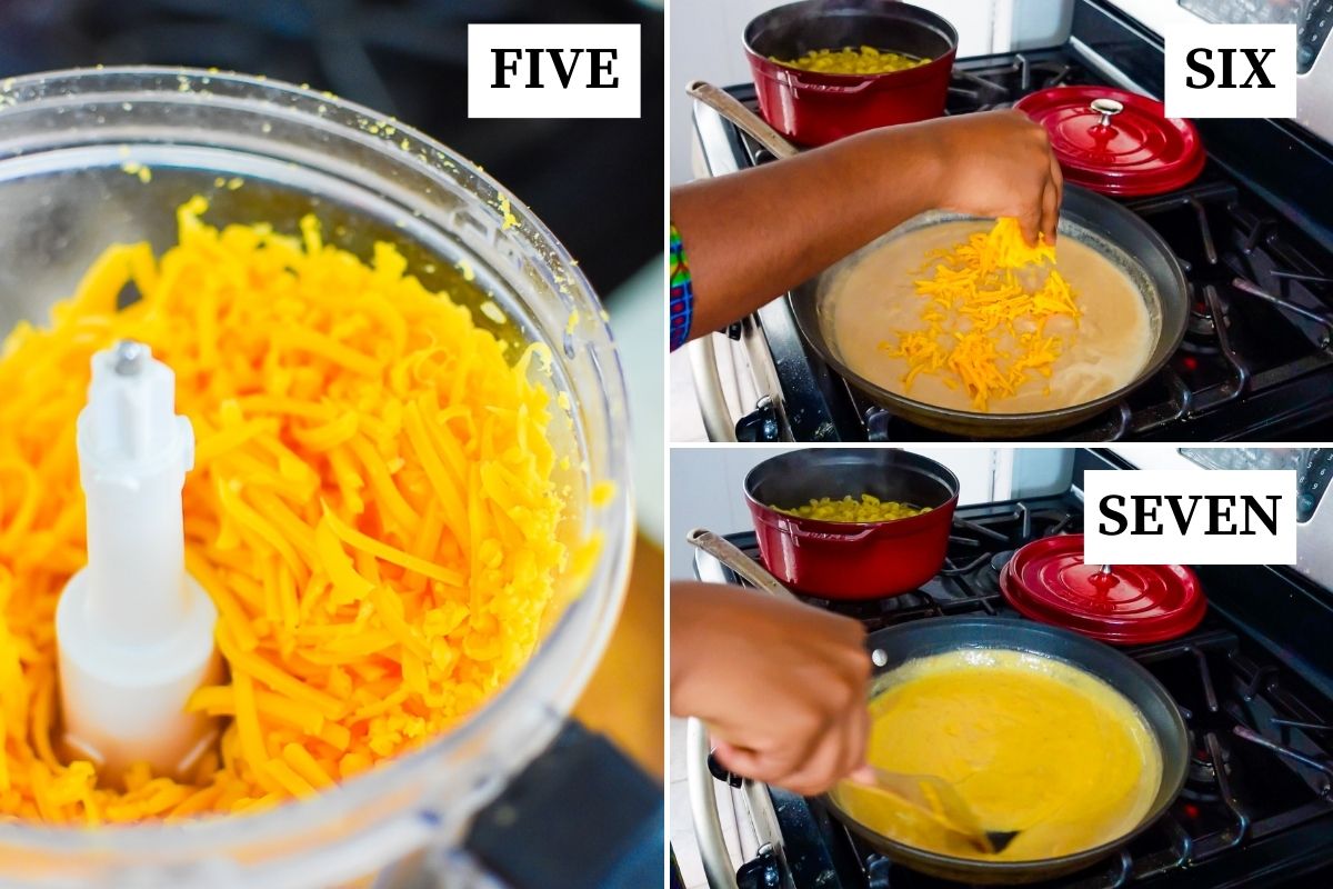 shredded cheddar cheese in food processor then being mixed into cheese sauce.