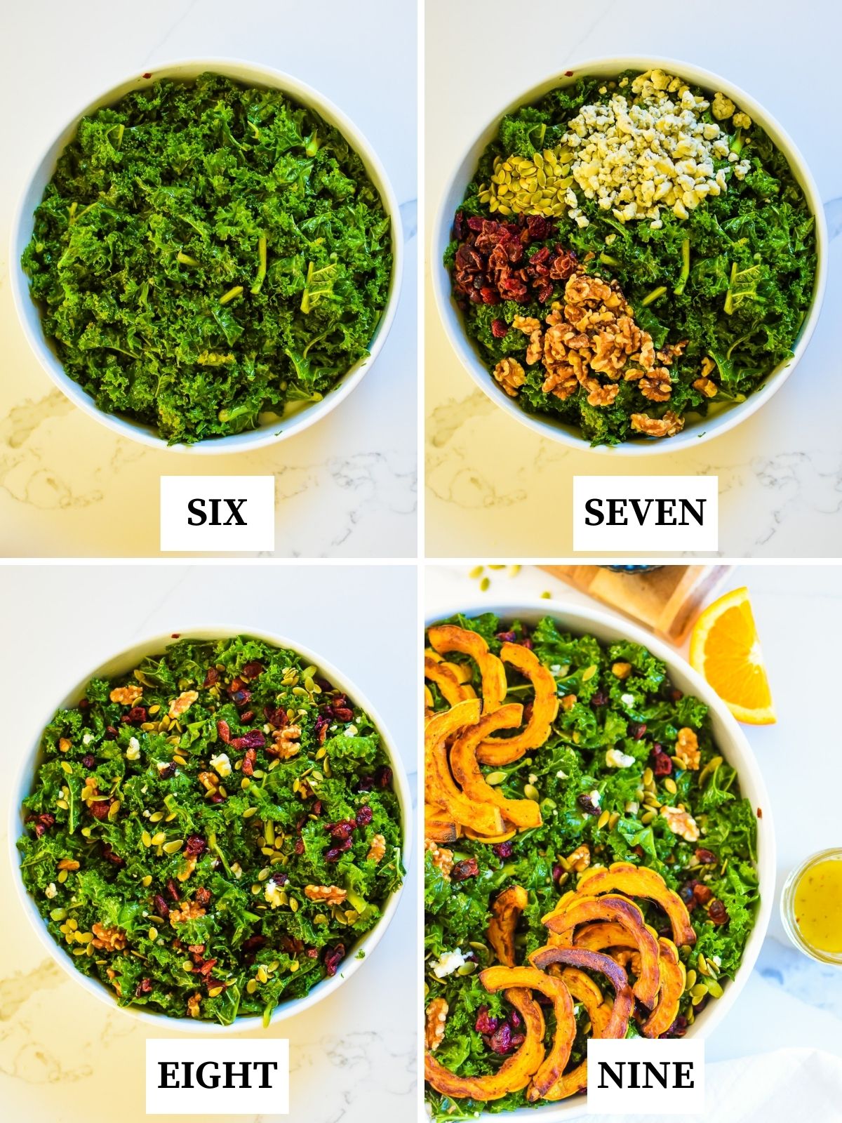 step by step of assembling Thanksgiving kale salad.
