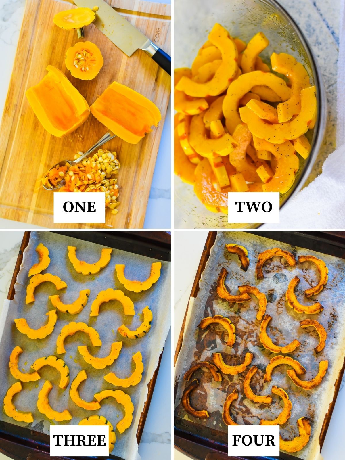step by step of preparing delicata kale for roasting then roasting on a sheet pan until golden and caramelized.