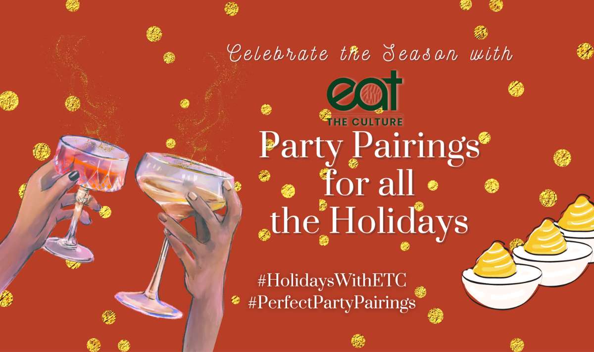 red and gold festive banne reading celebrate the season with eat the culture party pairings for all the holidays.