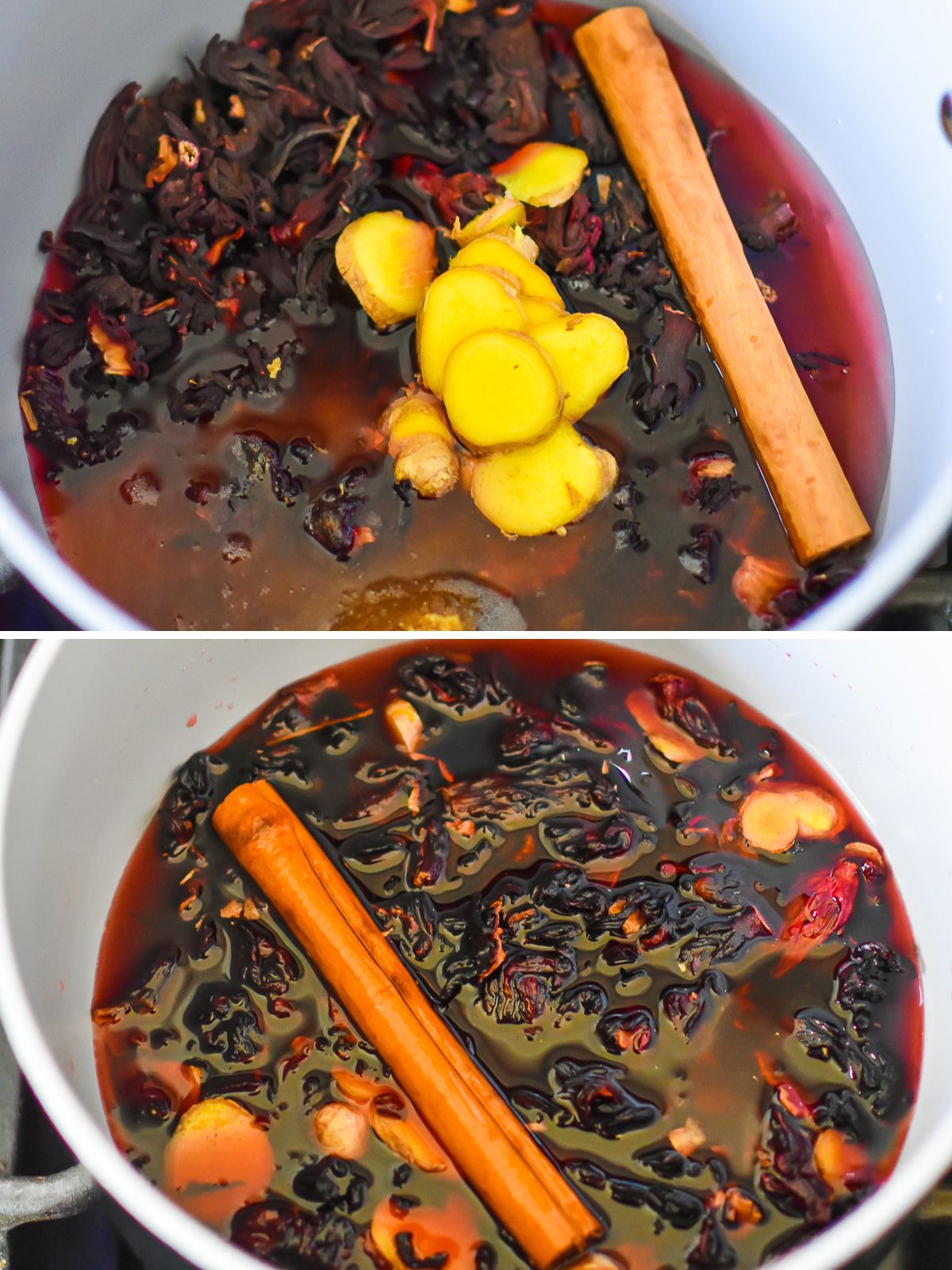 sliced ginger, water, spices, brown sugar, and dried hibiscus flowers in small saucepan.