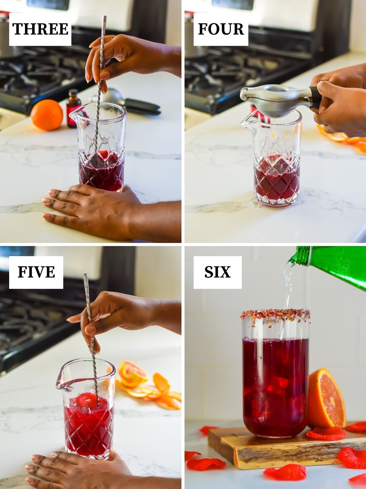 mixing up the ingredients for homemade hibiscus mocktail in mixing glass then topping up with sparkling water in decorative glass.