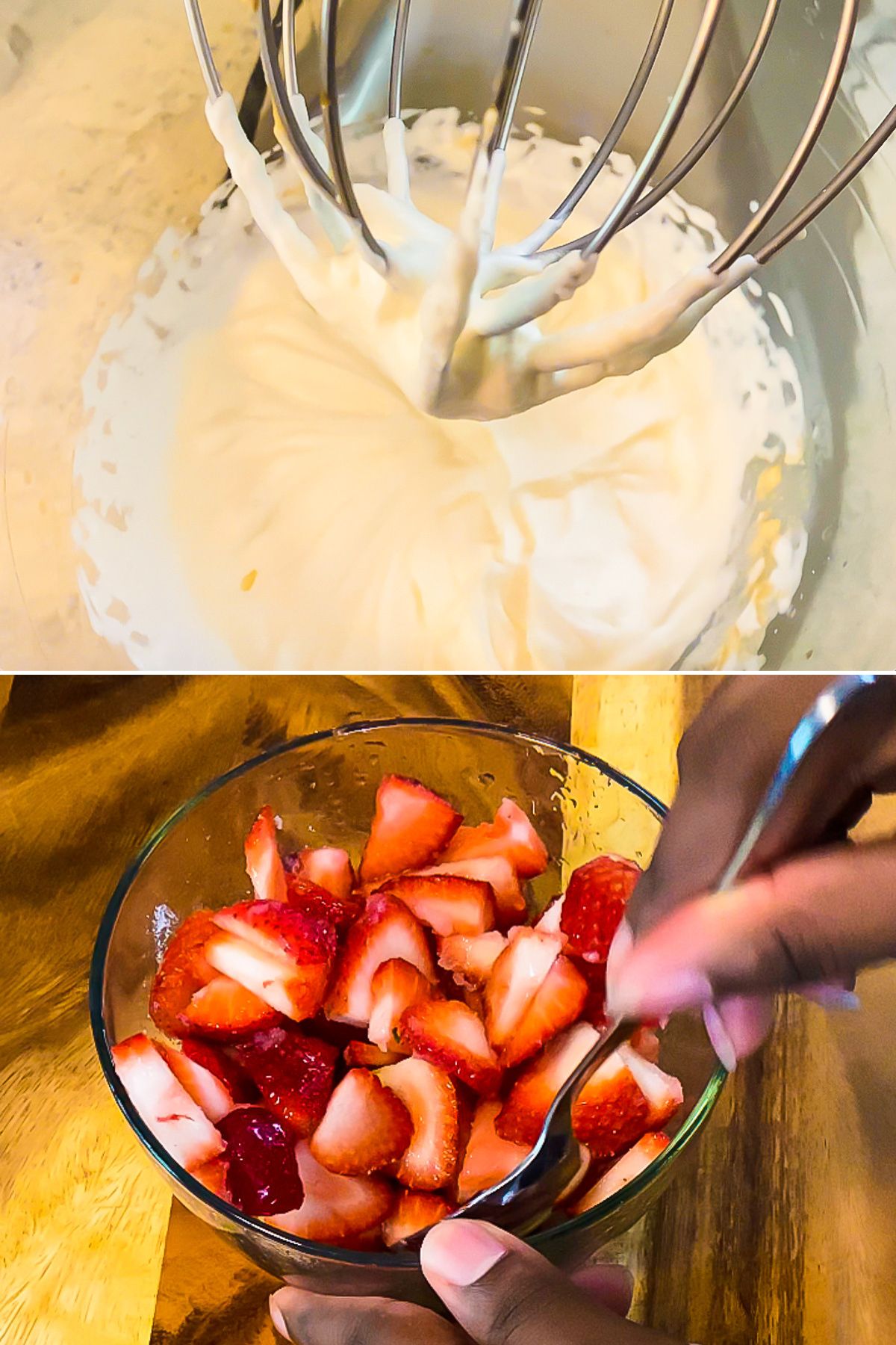 freshly made whipped cream in stand mixer bowl with whisk attachment and brown hand stirring a bowl of fresh strawberry slices with white sugar and almond extract.