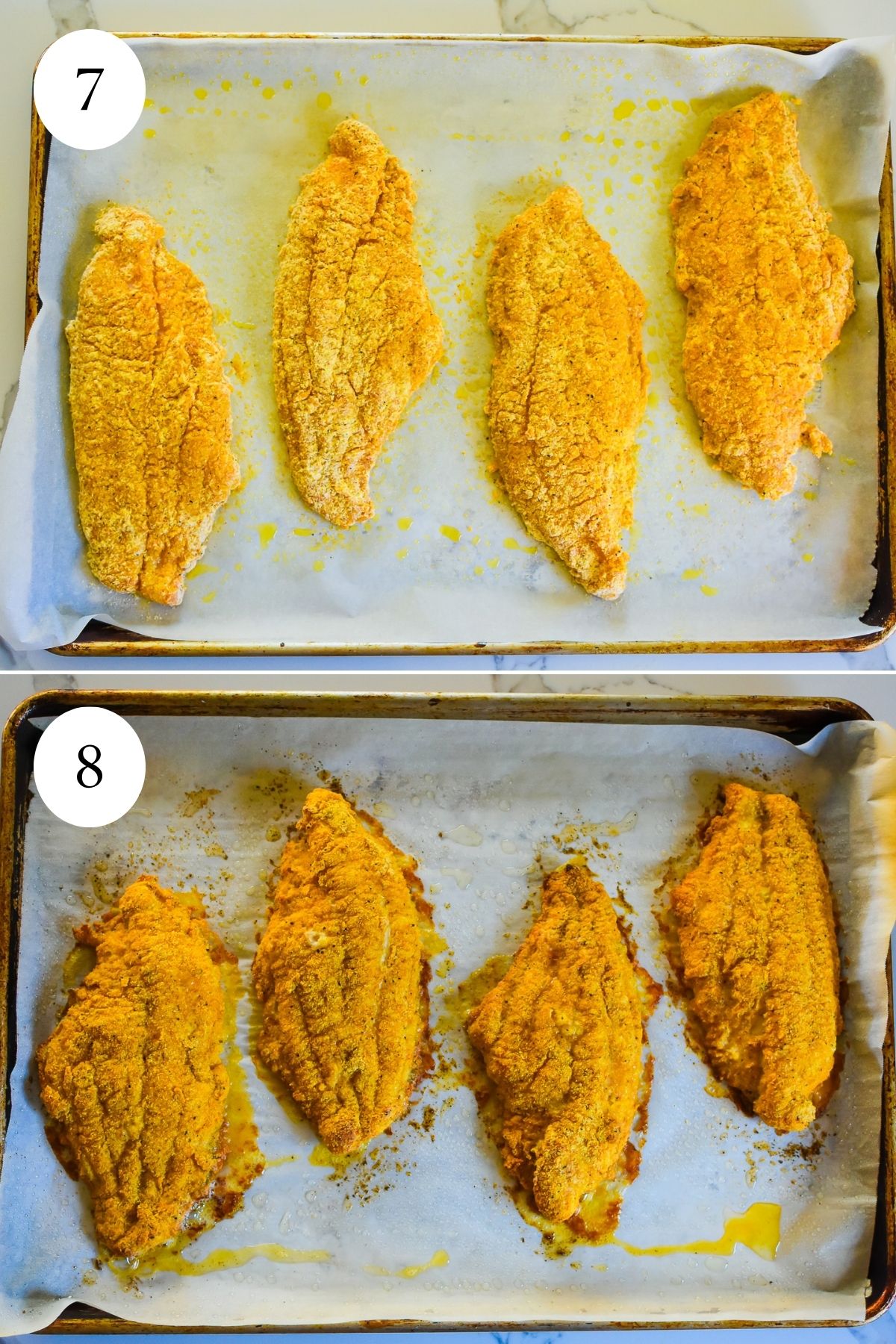 oven baked crispy catfish fillets before and after roasting on sheet pan lined with parchment paper.