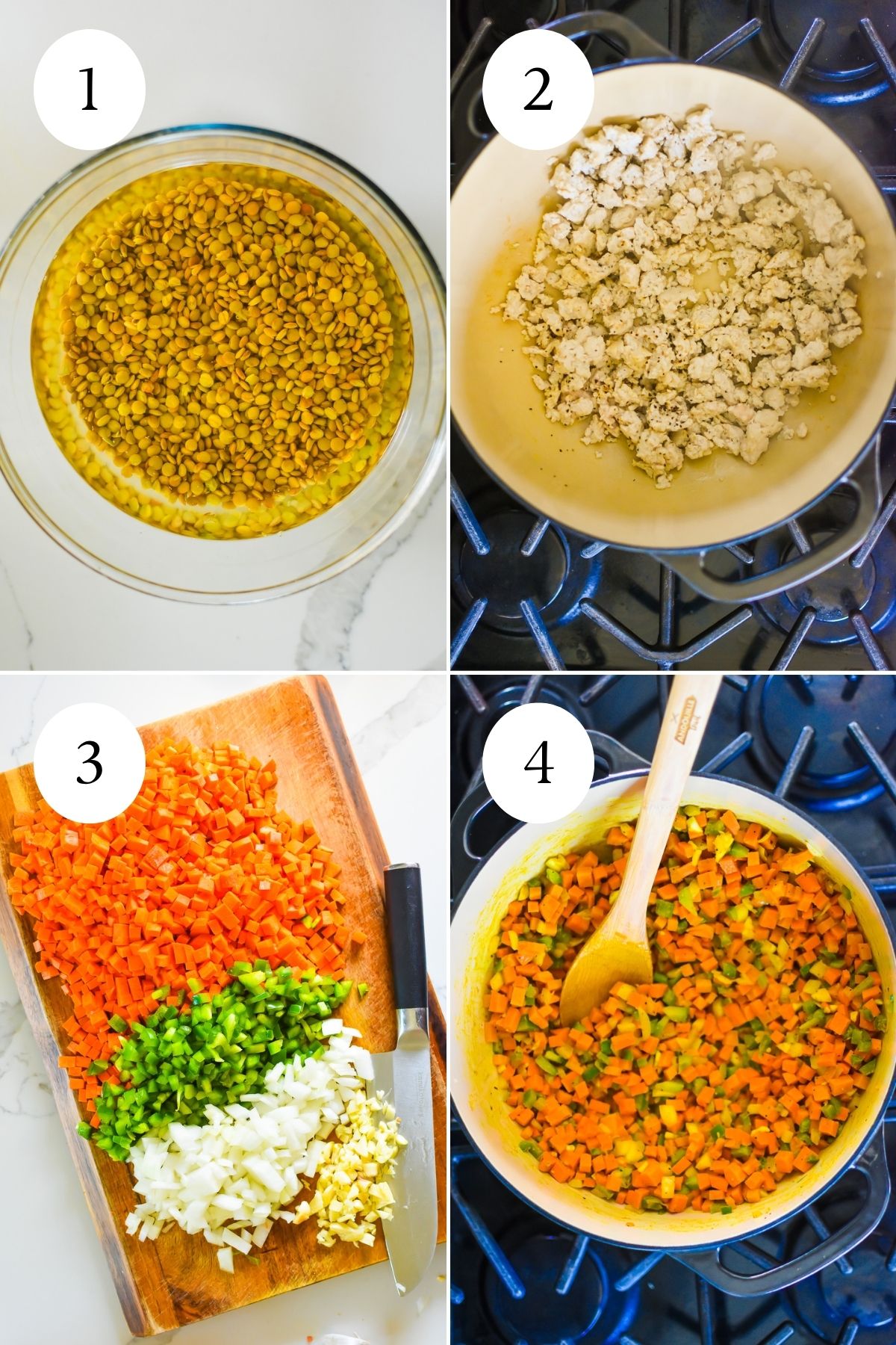first steps for preparing chicken and green lentil stew: soaking lentils in water, browning ground chicken in Dutch oven, dicing carrot, pepper, onion, and garlic, and sautéing the vegetables with spices in Dutch oven.