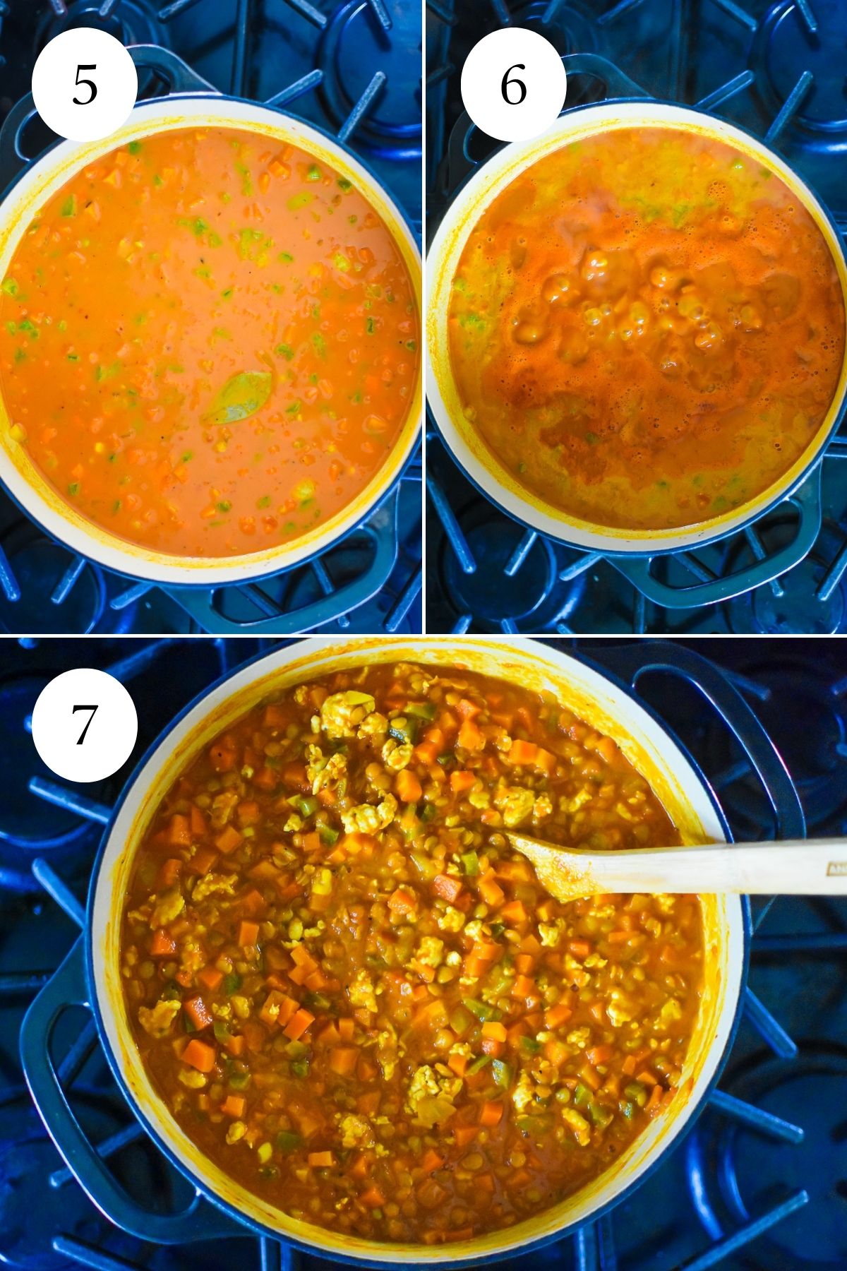 coconut milk, crushed tomatoes, and chicken stock stirred into pot, followed by boiling lentil chicken veggie stew on stove top, lastly thickened with ground chicken stirred in.