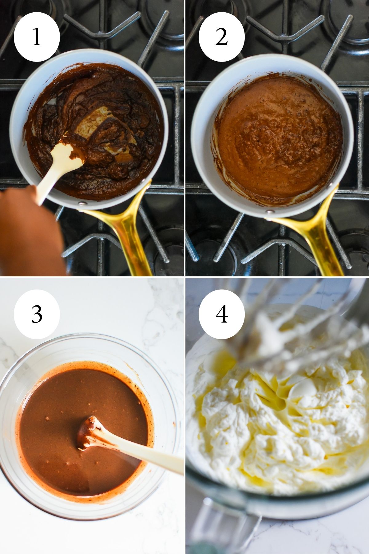 making a dark chocolate ice cream base with melted chocolate and cocoa powder dissolved in condensed milk, followed by a bowl of freshly whipped cream.