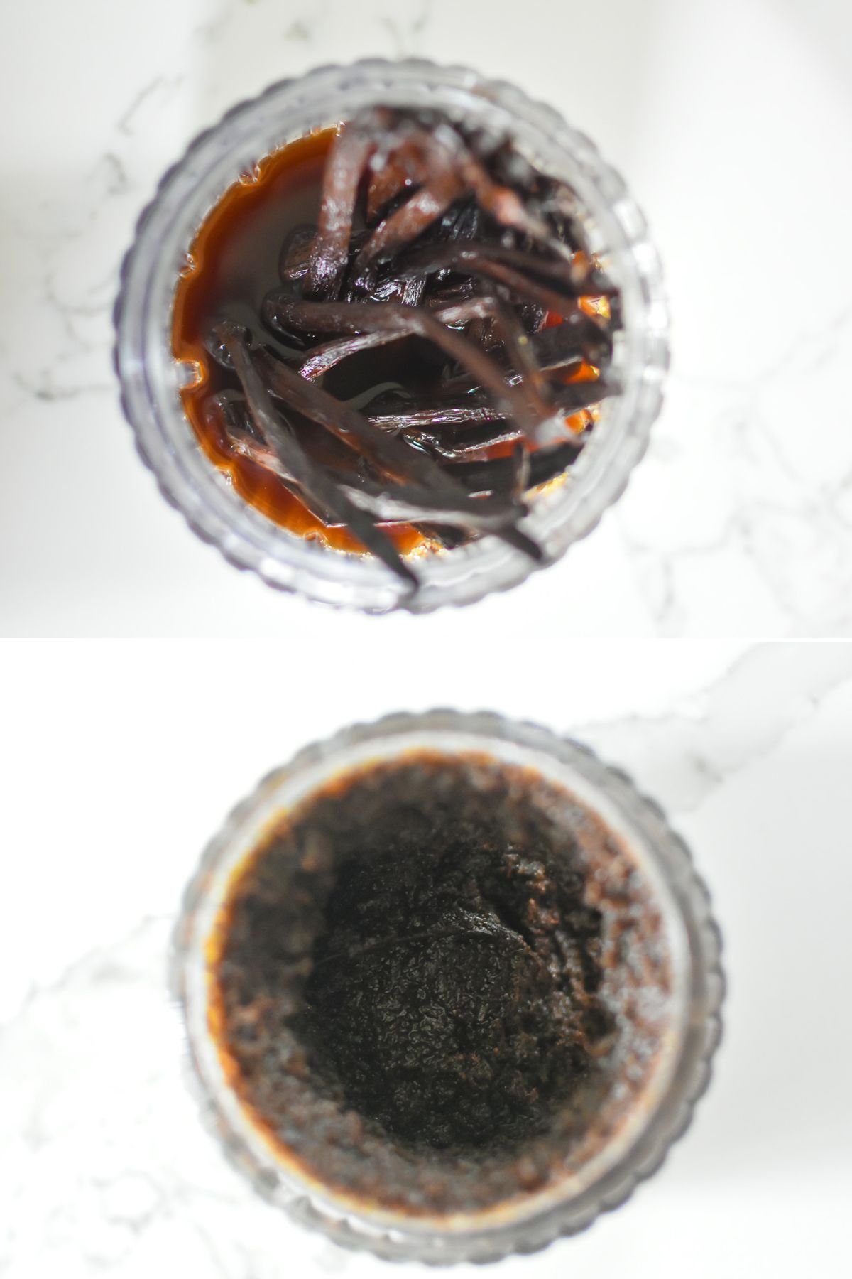 vanilla bean pods, brown sugar, and whiskey in a blender carafe before and after processing into a smooth paste.