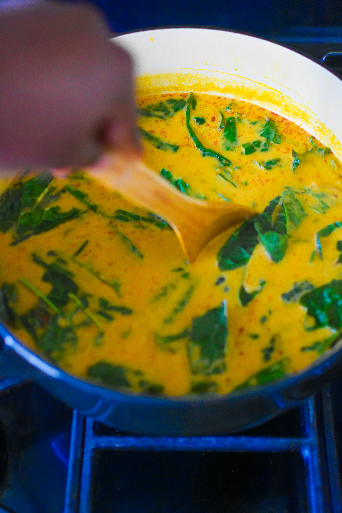 brown hand stirring torn kale into a pot of pumpkin soup using canned.