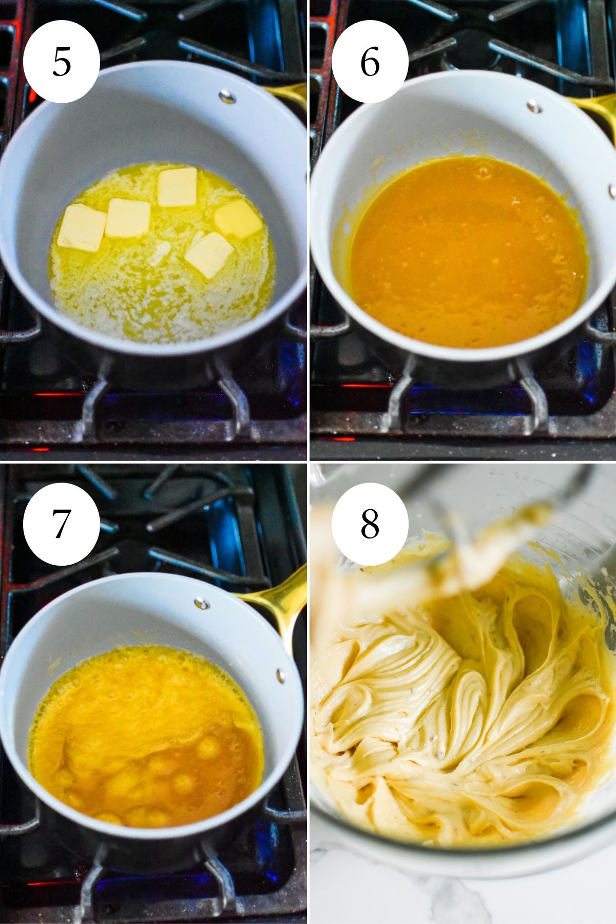 making ooey gooey praline glaze with melted butter, brown sugar, and cream in a saucepan on the stove, then whipping it with other ingredients for a fluffy praline flavored cream cheese frosting.