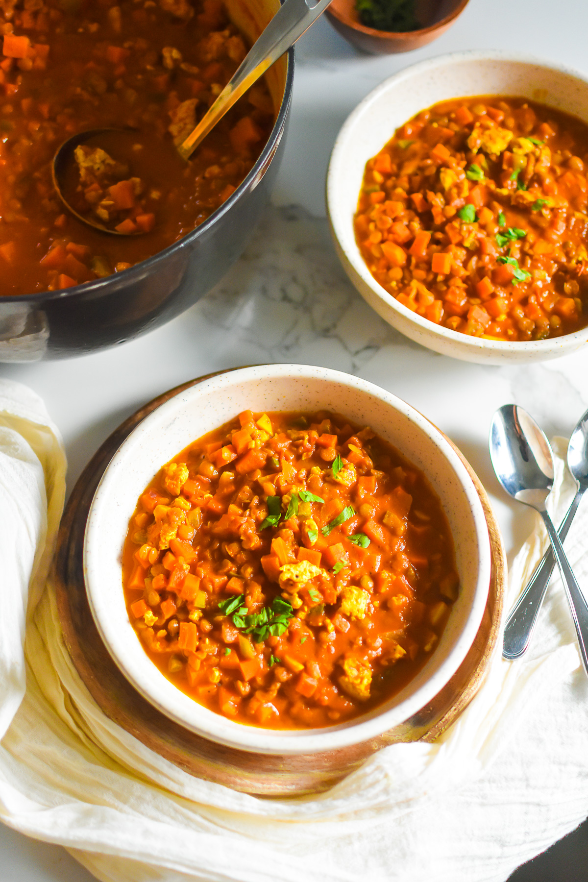 stone bowls of warm, aromatic chicken lentil vegetable stew topped with chopped parsley.
