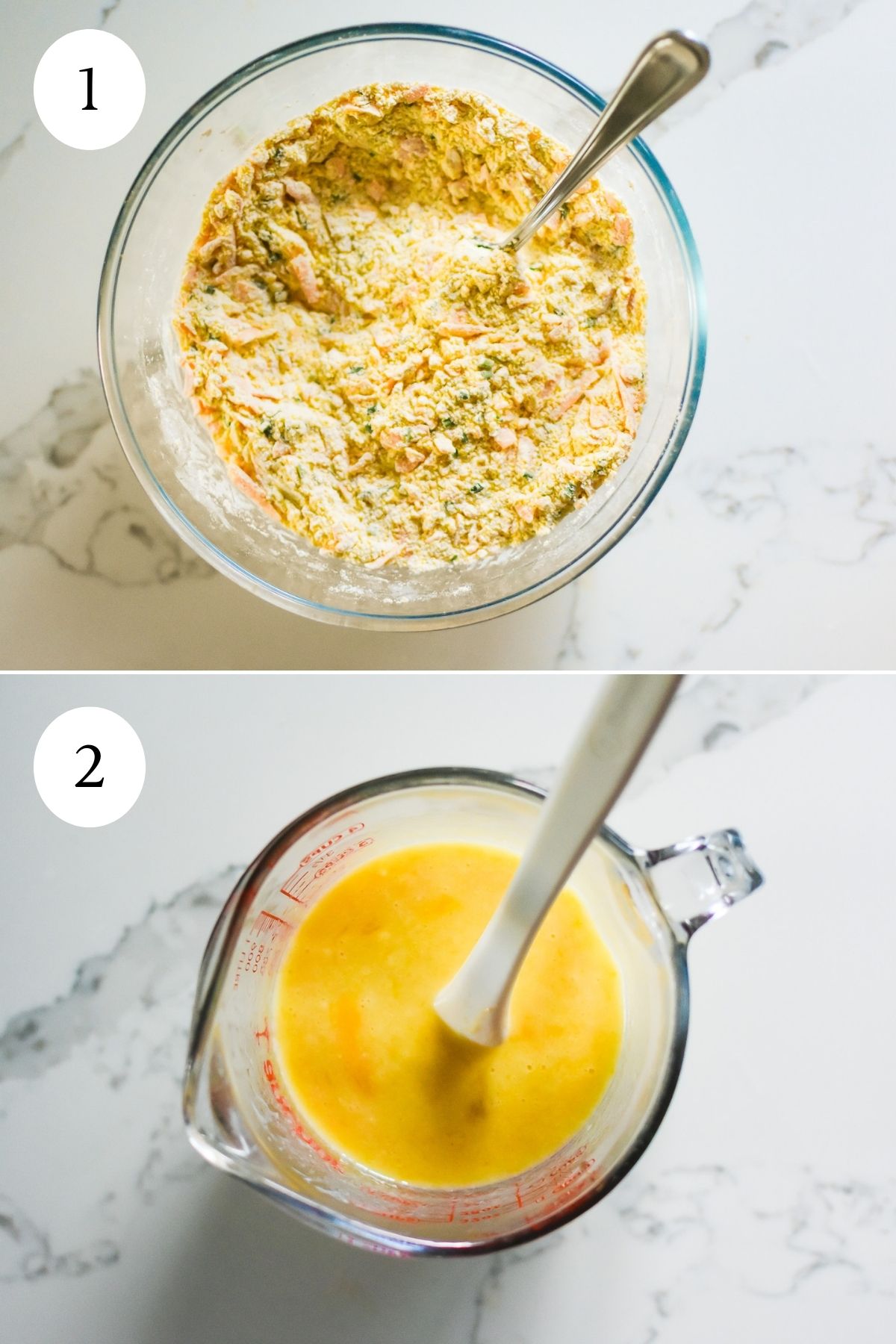 whisked wet and dry mixtures for making cornmeal biscuits.