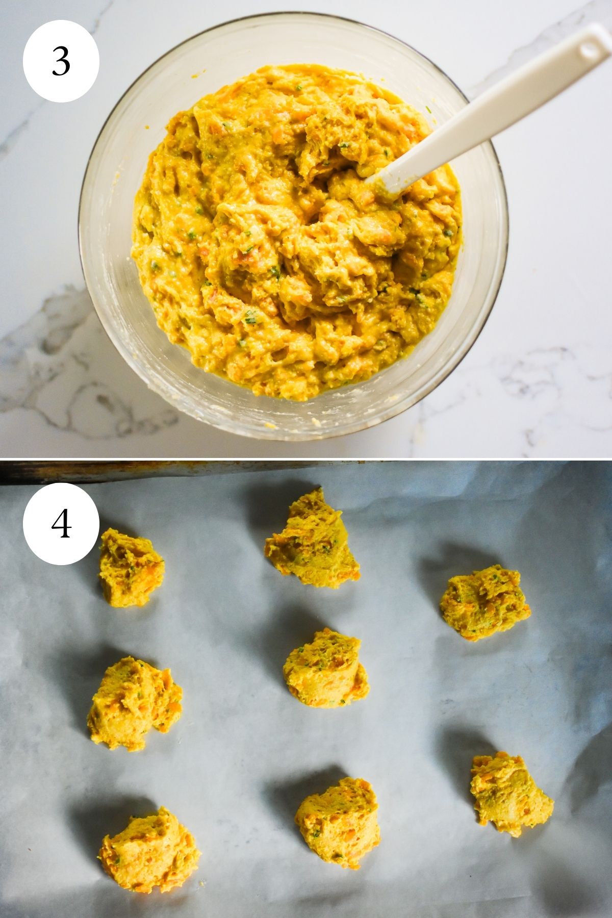 cornbread biscuit dough mixed in a glass bowl then dropped in spoonfuls onto a parchment lined sheet pan.