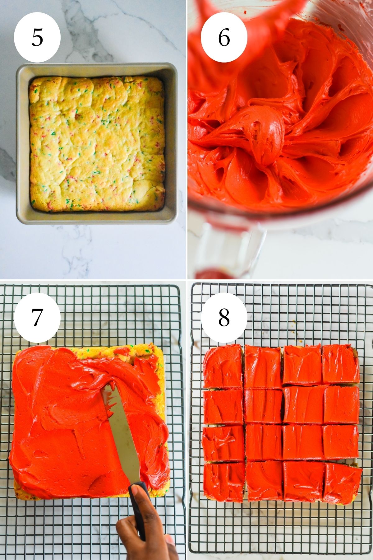 baked Christmas sugar cookie dough, beaten bright red cream cheese frosting, spreading the frosting on the cookie, then cutting the cookie into 16 squares.