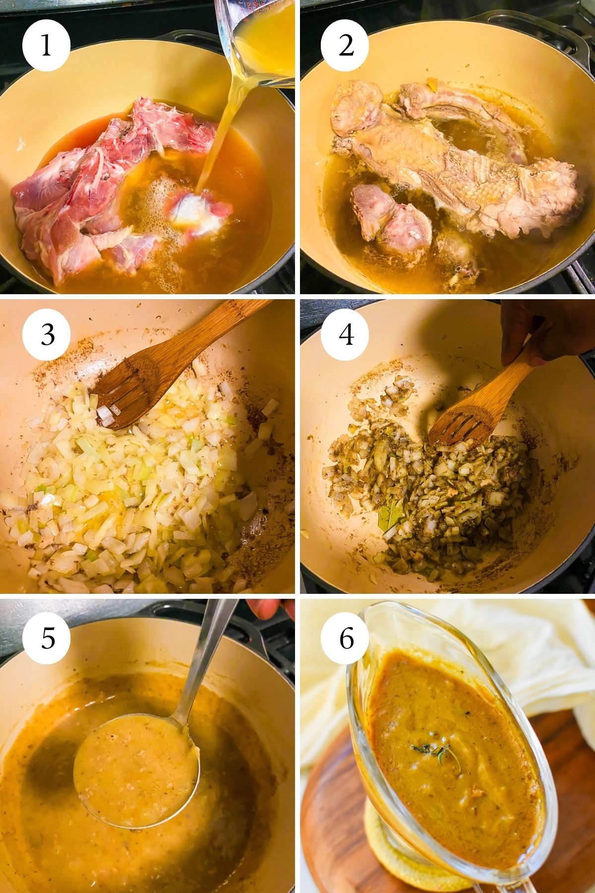 making turkey gravy with giblet broth from scratch: cooking turkey giblets in broth in a Dutch oven on the stovetop, browning diced onions and aromatics, and finishing the gravy before serving it from a clear gravy boat.