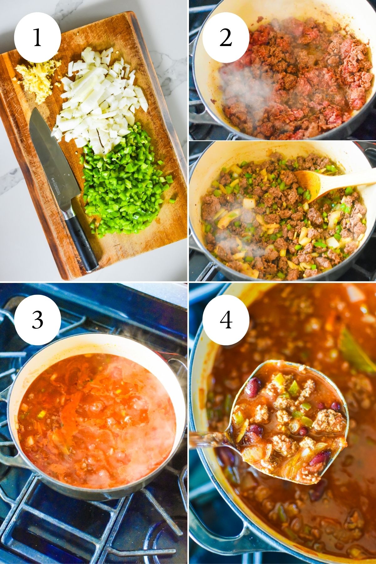 step-by-step process of making an easy chili recipe with red kidney beans, including chopping onion, pepper, and garlic, browning ground beef in a Dutch oven with aromatics, boiling the mixture with liquid ingredients on stove, then ladling the finished stew.