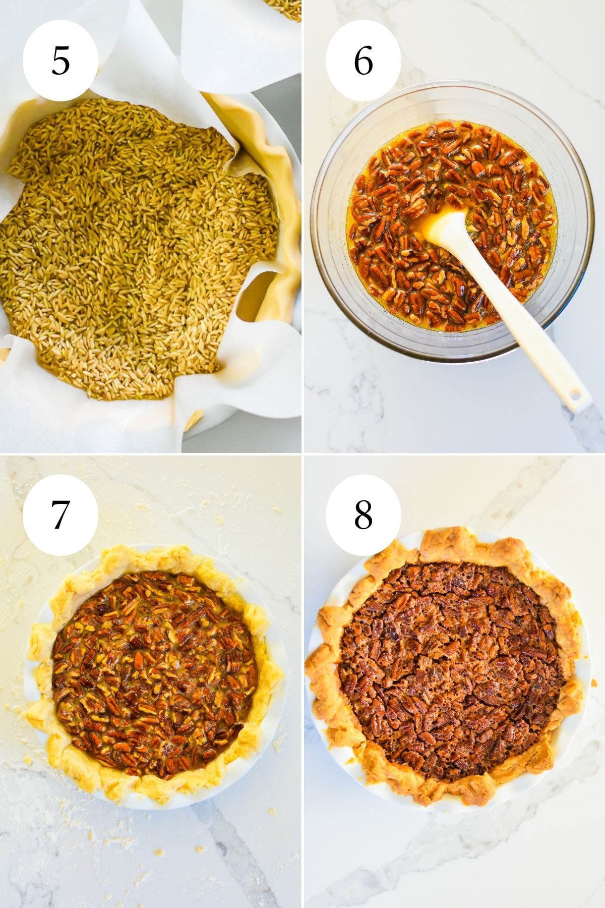 step-by-step of blind baking all-butter pie crust, mixing pecan pie filling using corn syrup, and baking pie.