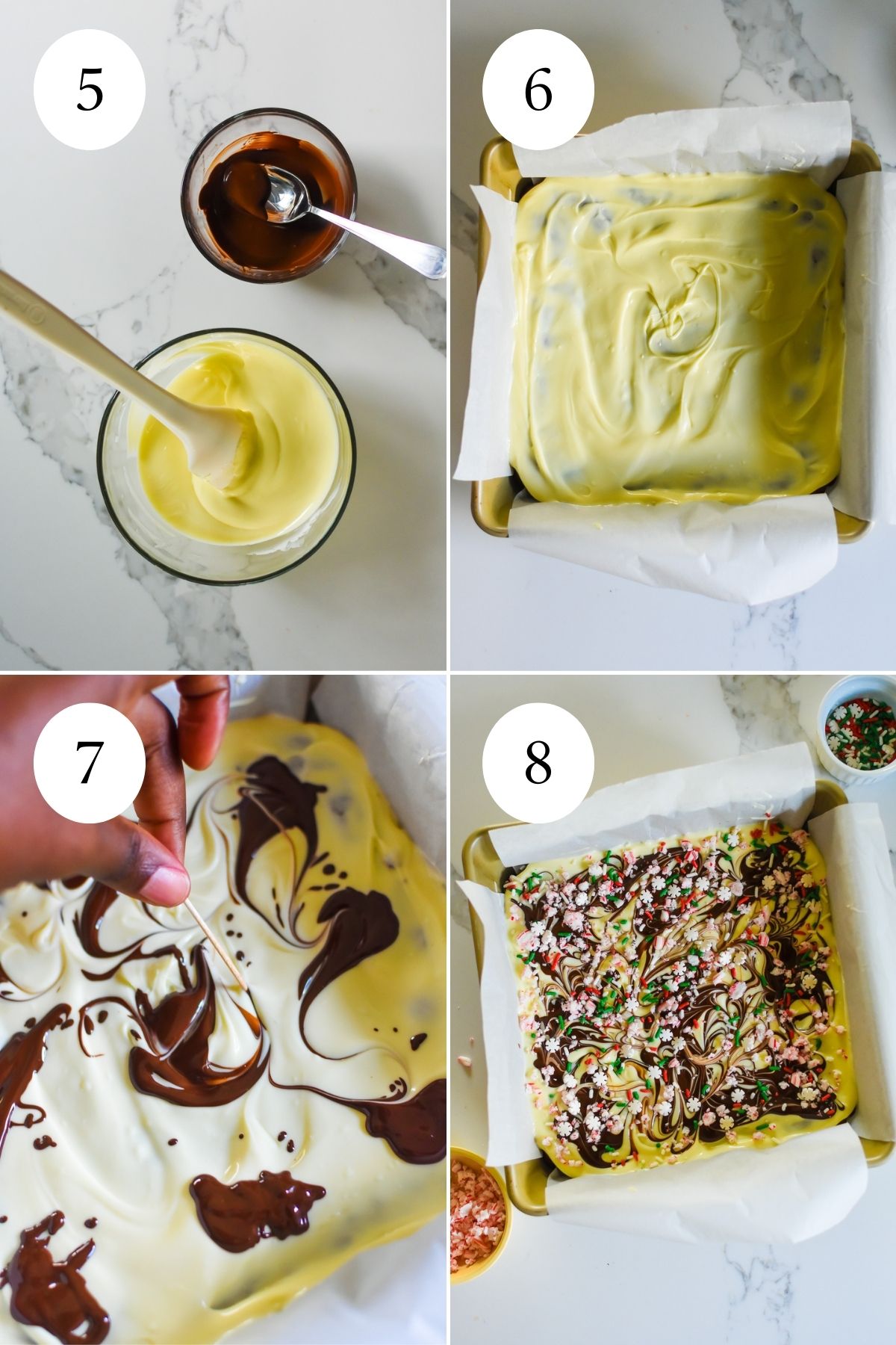 melting white and dark chocolate then spreading it over cooled brownie, swirling the chocolate, then sprinkling crushed peppermint and sprinkles over top.