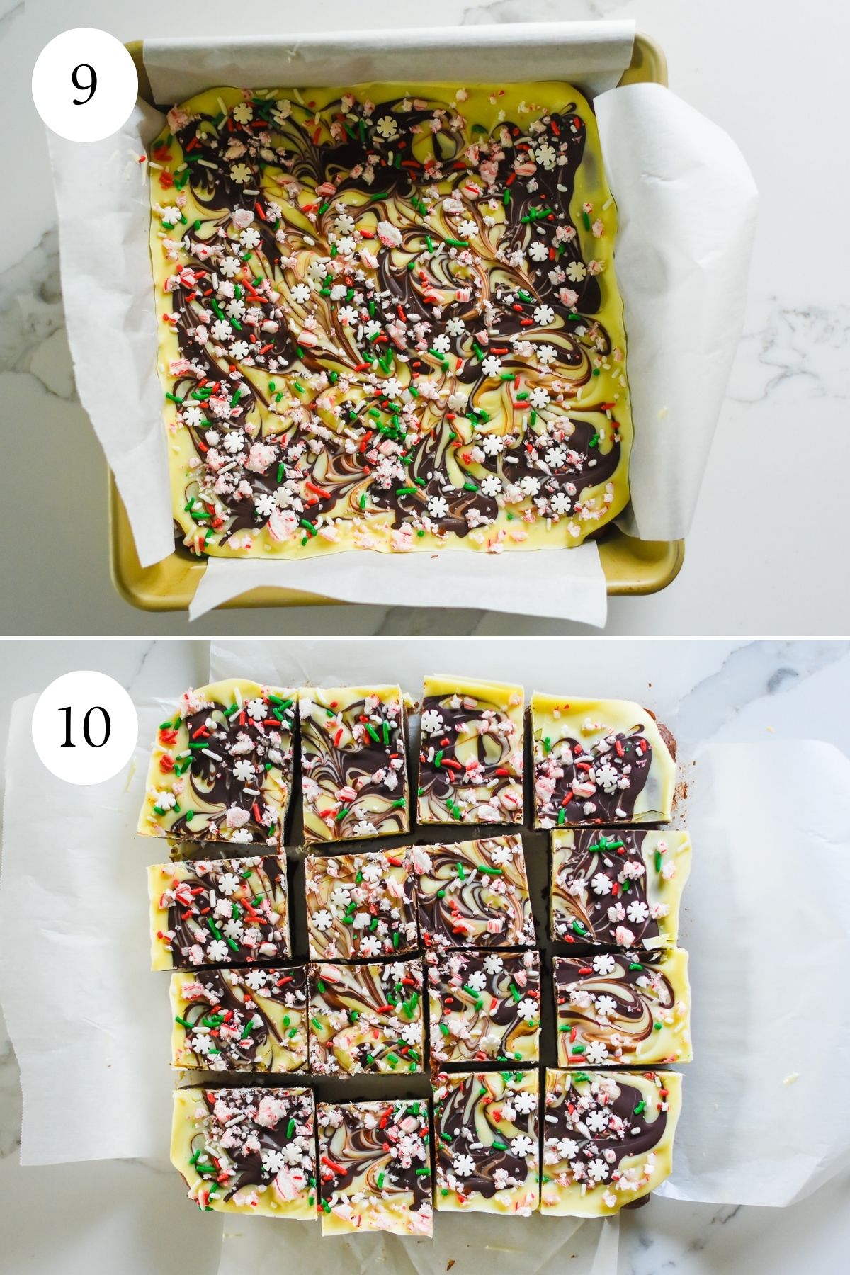 cooled then cut. brownies with peppermint bark layer on top.