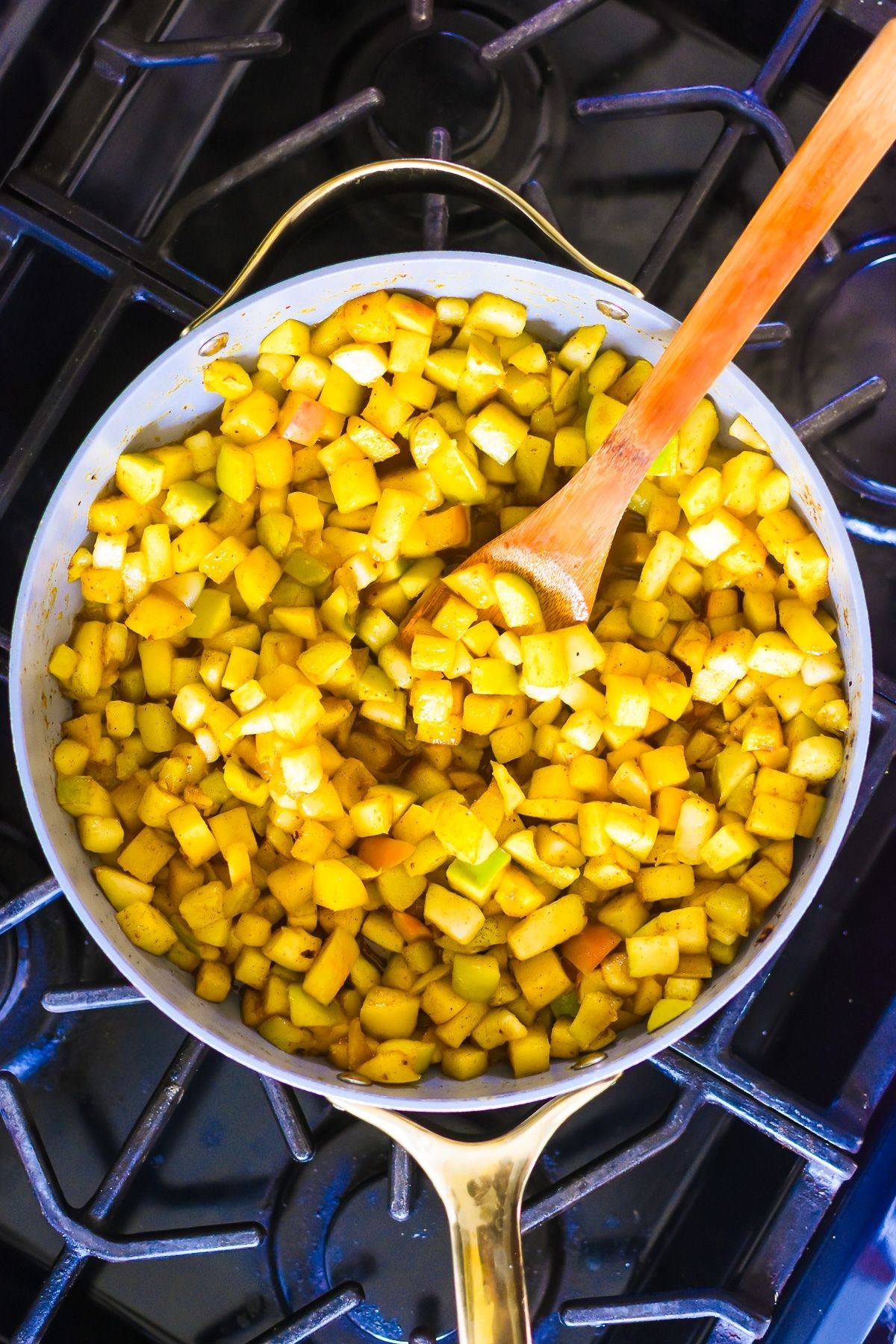stewed green pears tossed in spices, vanilla, honey, and lemon.