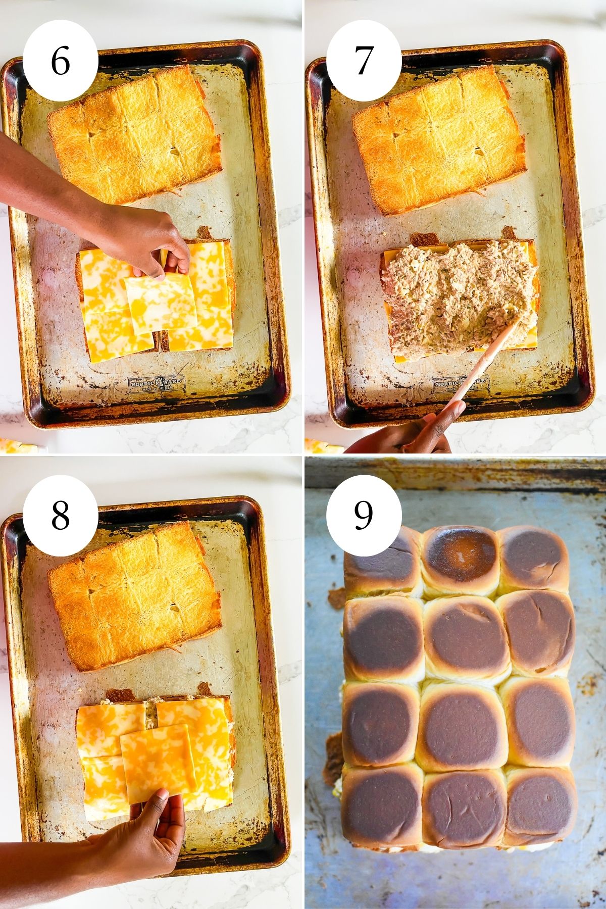 assembling tuna sandwich sliders with cheese and homemade tuna salad in toasted Hawaiian buns then baking in the oven until cheese is melted.