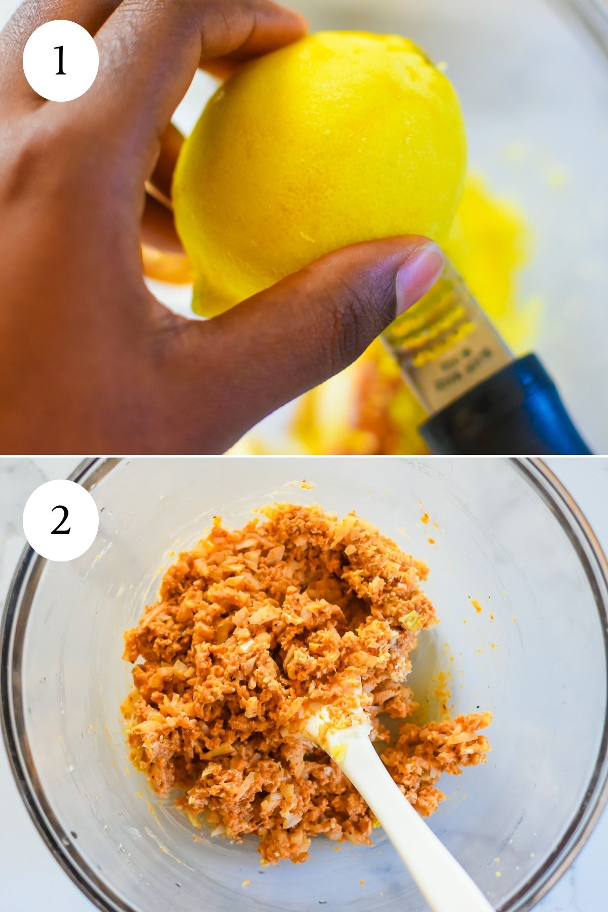 grating fresh lemon zest into a bowl of filler ingredients for crab cakes.