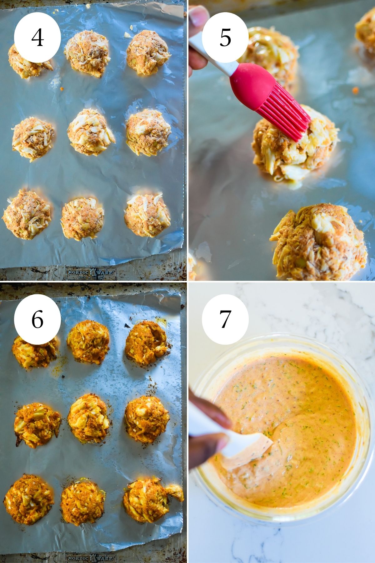 easy crab cake patties formed on a baking sheet lined with aluminum foil, then brushed with melted butter; golden brown oven crab cakes, mixing easy crab cake dipping sauce in glass bowl.