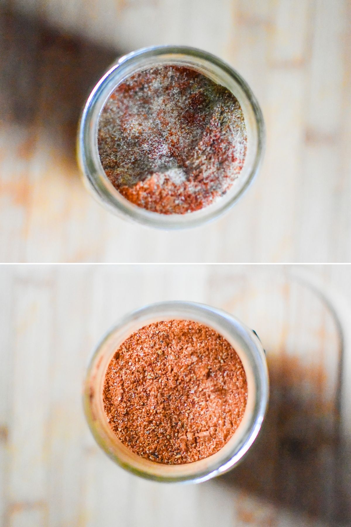 before and after mixing up spices into New Orleans style Creole seasoning in a small batch mason jar.