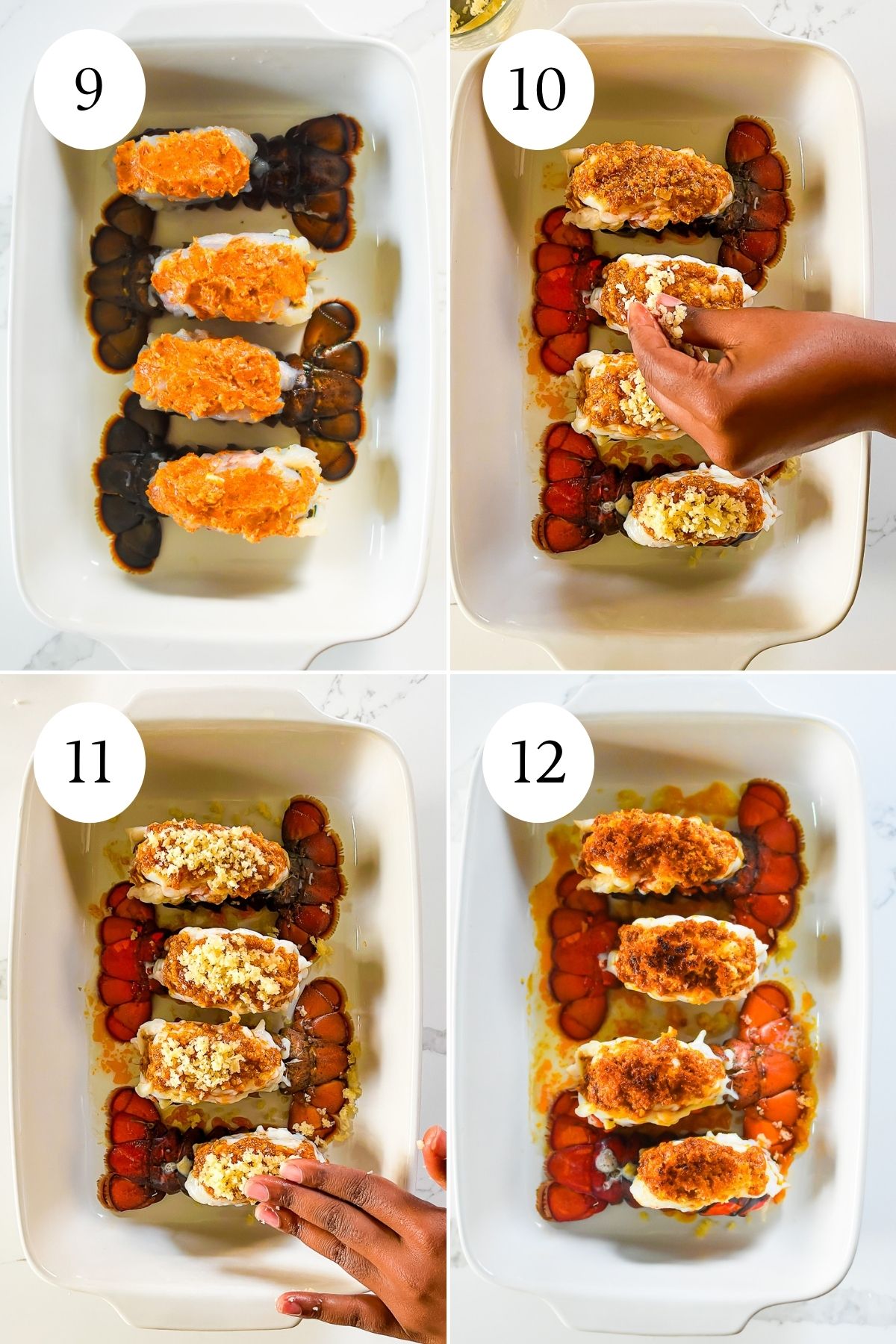 butterflied lobster tails stuffed with Creole compound garlic butter, then sprinkled with buttered Panko bread crumbs, and roasted until golden, tender, and juicy.