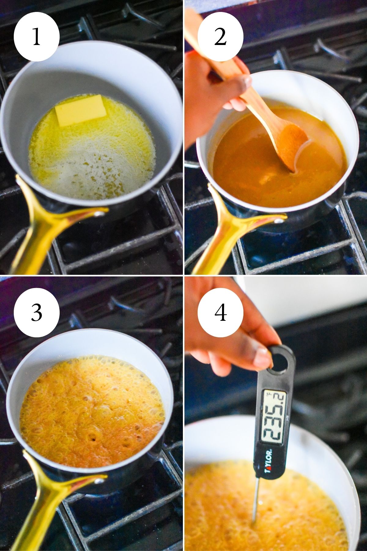 making praline candy mix on the stove top and measuring its temperature with food thermometer.