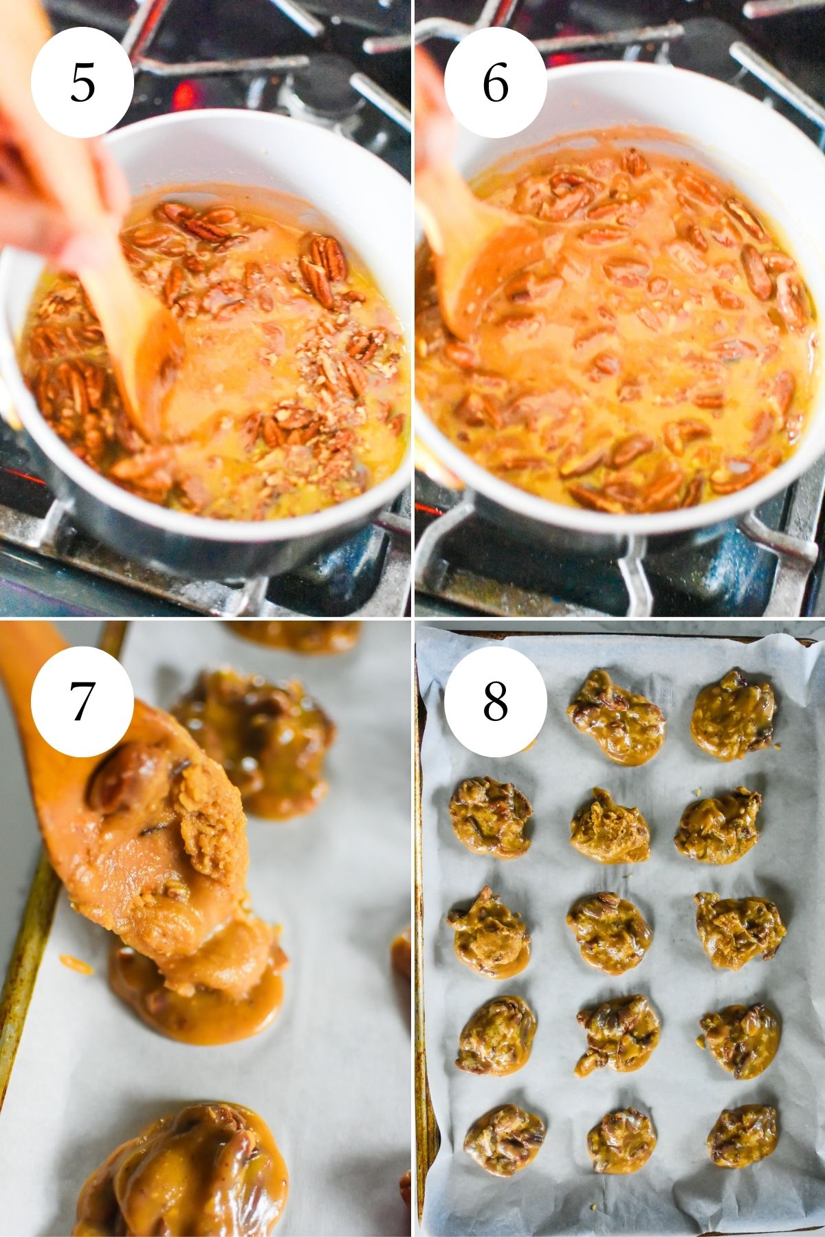 mixing pecans and vanilla into praline candy base, then dropping the thicker mixture onto a sheet pan to make homemade pralines.