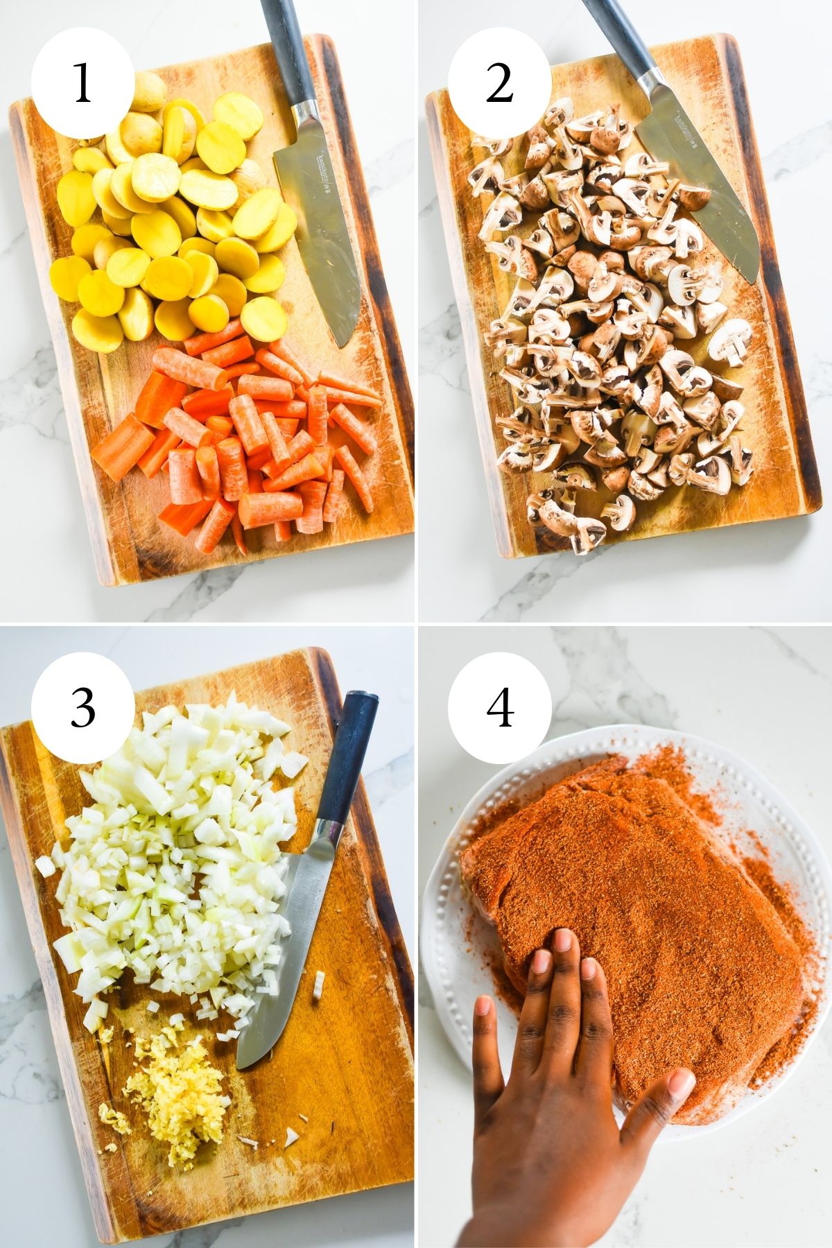 Steps to prep pot roast ingredients: carrots, potatoes, and mushrooms cut into bite-sized pieces on wooden cutting board, diced onion and crushed garlic, brown hand rubbing spice rub into cut of meat.