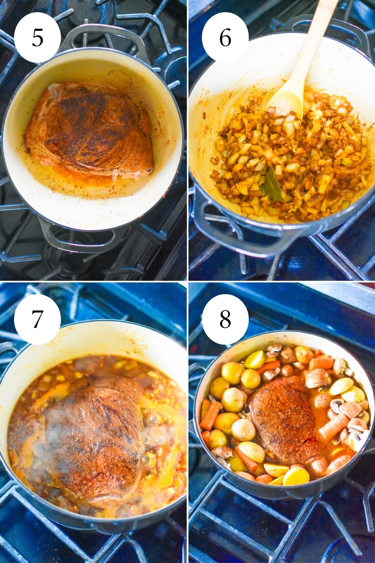 searing beef shoulder roast in Dutch oven on stovetop, then sweating onions, garlic, and bay leaf in the same pot, boiling pan liquid, followed by seared roast and vegetables in pot ready to go in the oven.