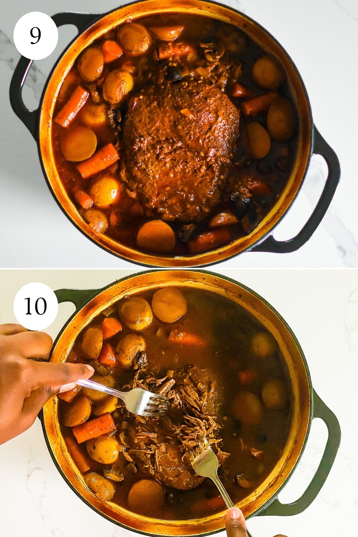 pot of tender braised pot roast, carrots, mushrooms, and potatoes just pulled from the oven; brown hands using two forks to shred the roast meat.