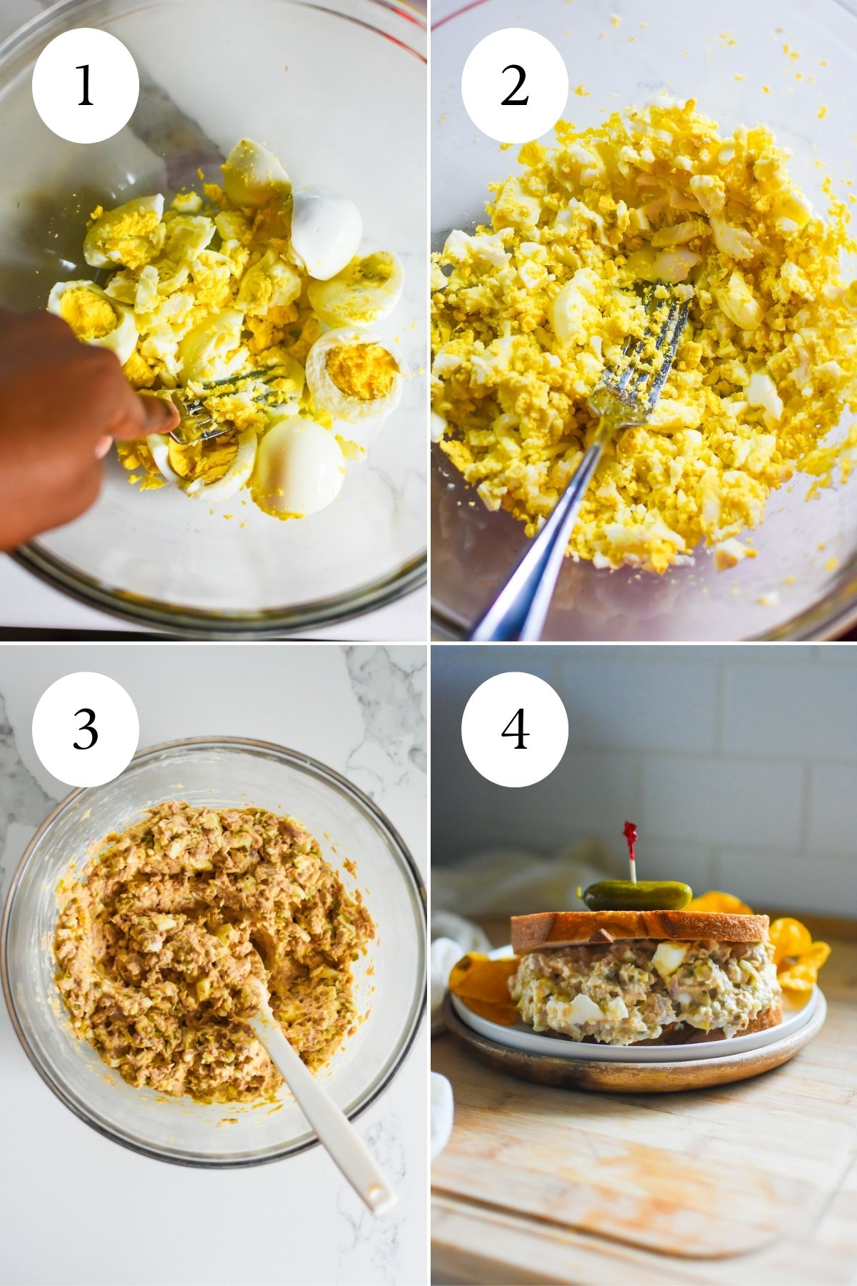 making an old fashioned tuna fish sandwich recipe with chopped boiled eggs, tuna from can, mayonnaise, and more mixed up in a bowl then spread between two sourdough slices.