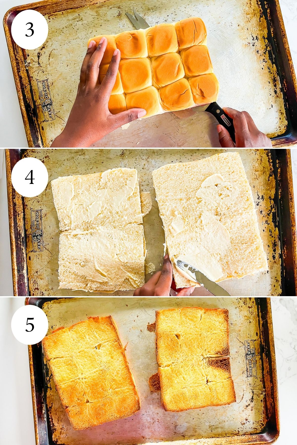 brown hands sliced Hawaiian dinner rolls horizontally and spreading mayonnaise on the inside; golden brown buns fresh from the oven.