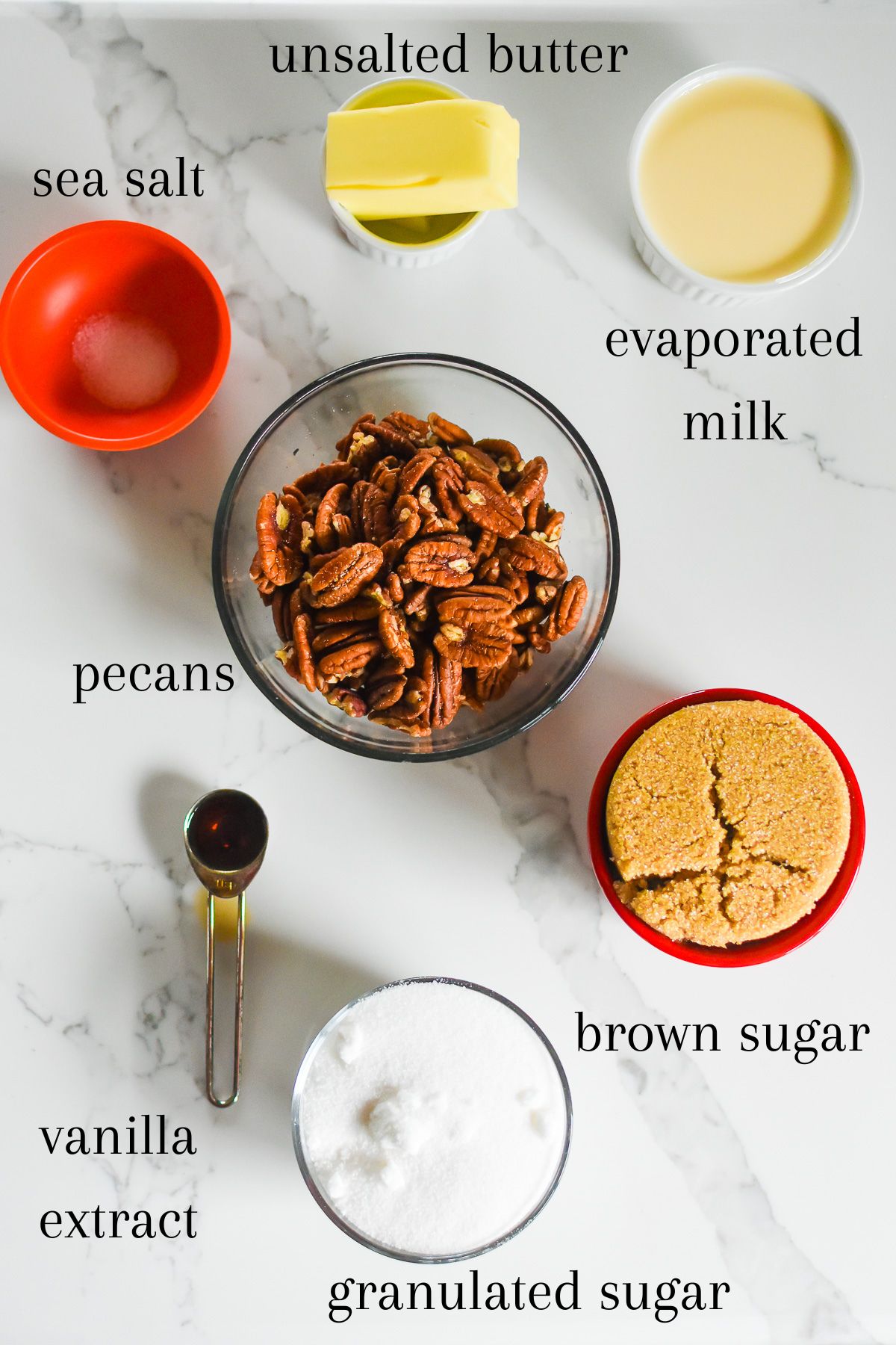 ingredients for praline candy on granite counter top: unsalted butter, evaporated milk, sea salt, pecans, brown sugar, granulated sugar, and pure vanilla extract.