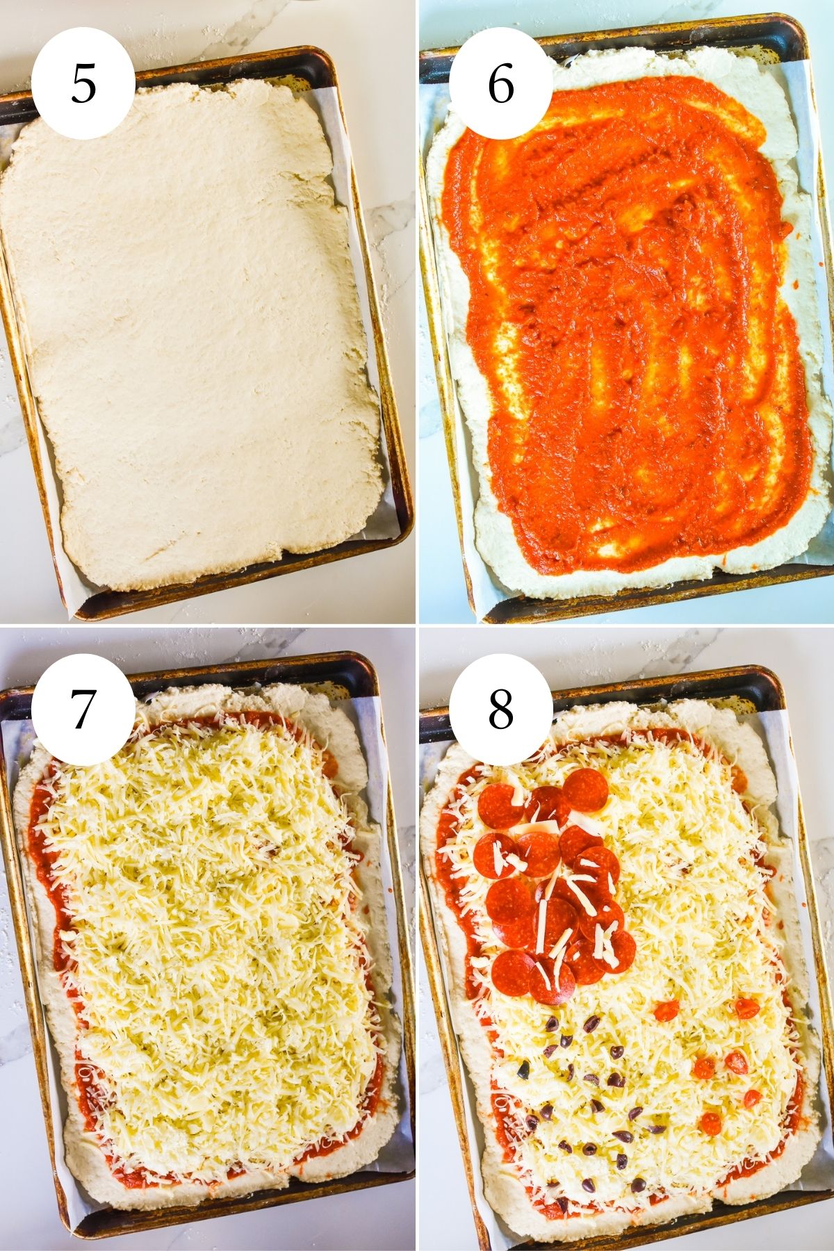 full sheet pan pizza dough recipe spread into pan, then topped with pizza sauce, shredded cheese, pepperonis, tomatoes, and olives.