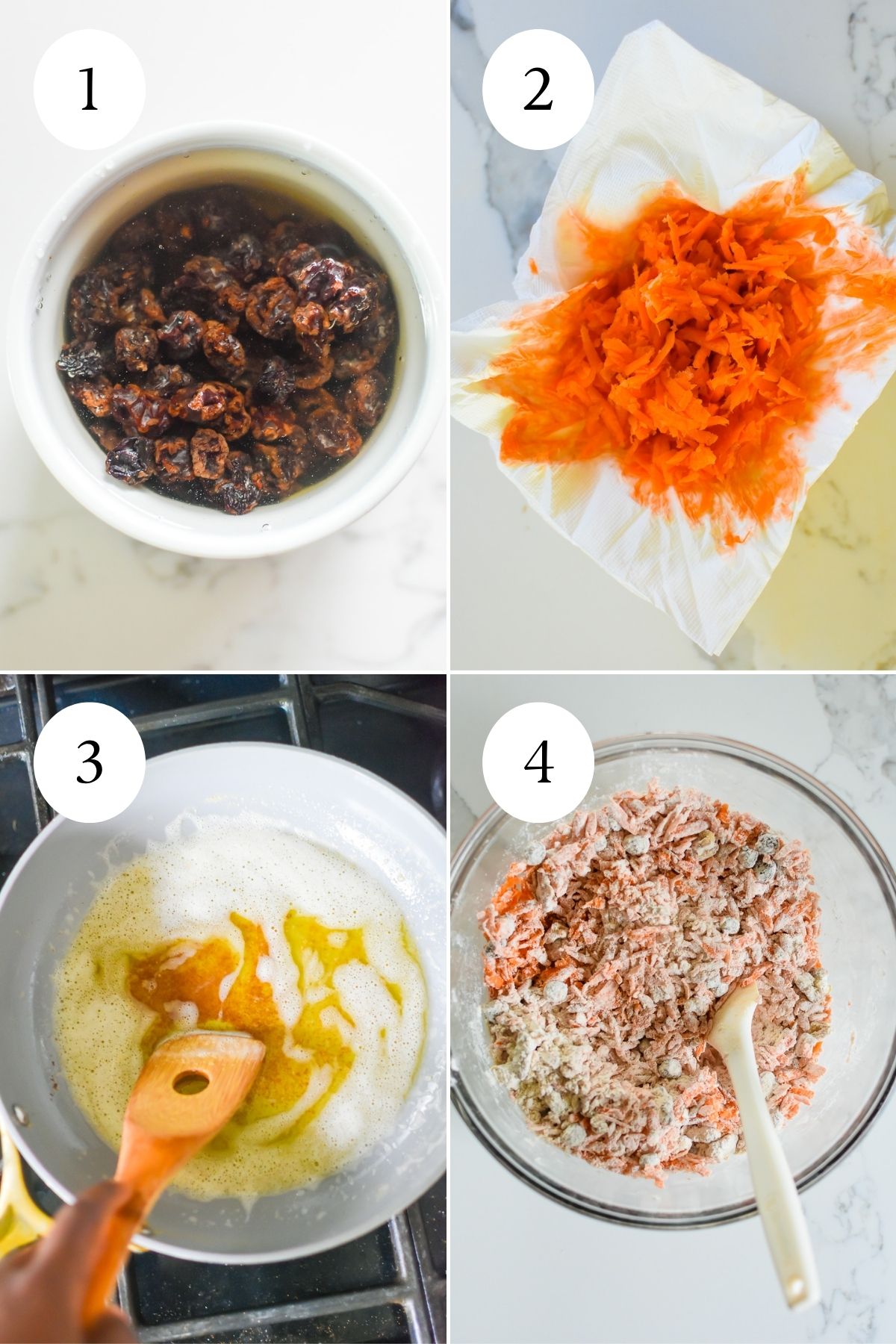 preparing ingredients to make carrot sheet cake batter: rehydrating raisins, shredded carrots, browning butter on stove top, and dredging mix-ins in flour in a mixing bowl.
