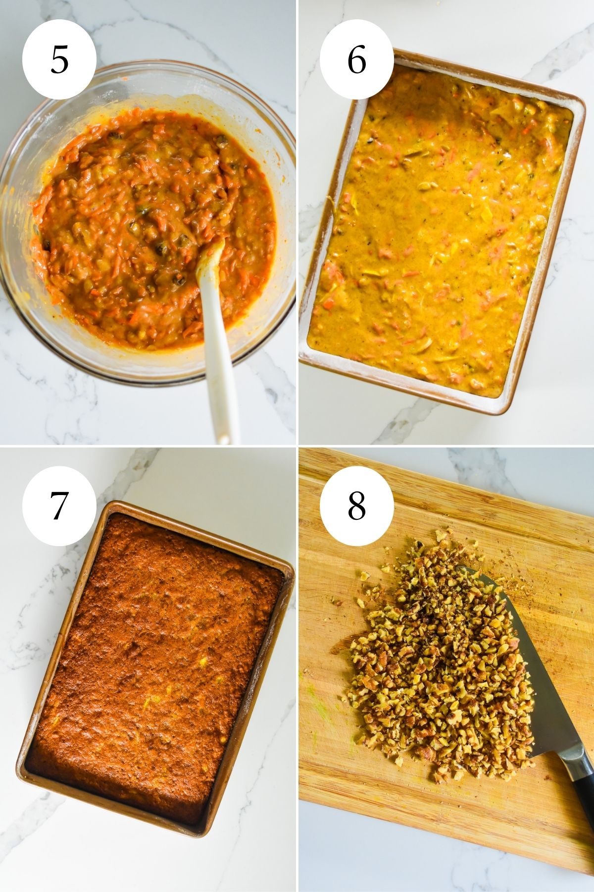 brown butter carrot cake batter in a mixing bowl, then in an oblong baking pan, golden baked cake, and chopped walnuts on wooden cutting board.